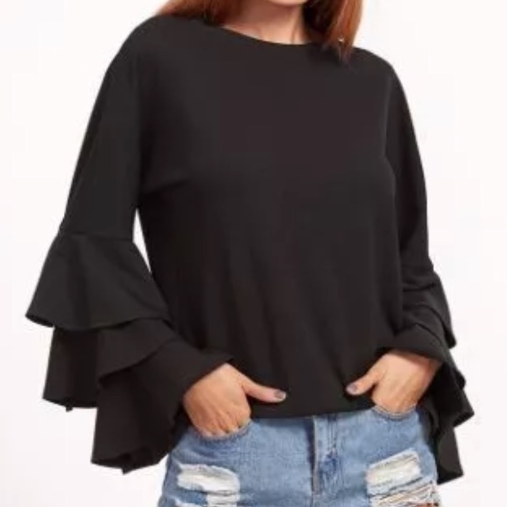 Layered Bell Sleeve Top Sheln Casual Blk Spandex